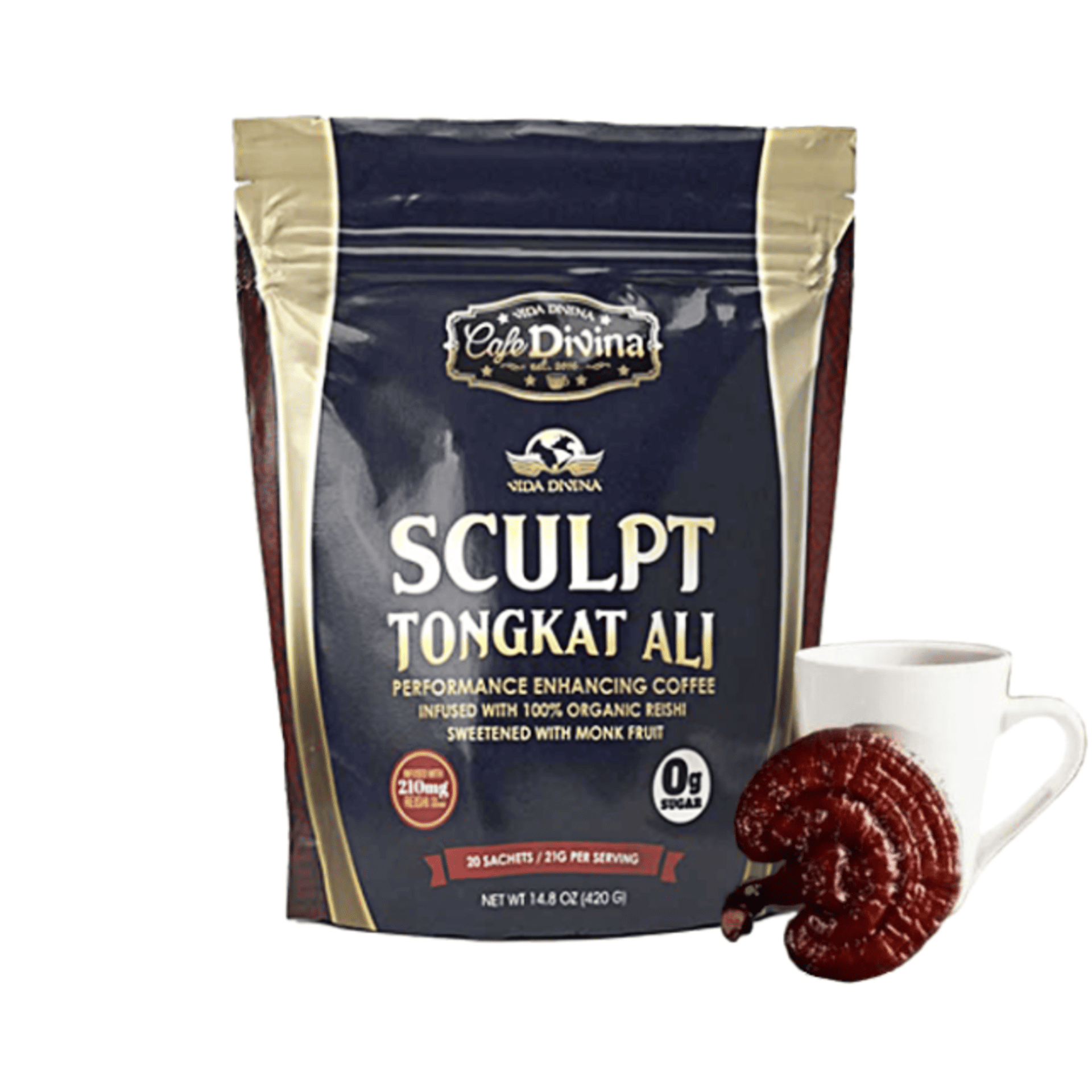 Café Sculpt Tongkat Ali Vida Divina | Reishi Orgánico, 0g Azúcar, 20 Sobres | Energía y Bienestar