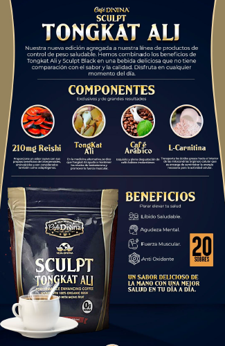 Café Sculpt Tongkat Ali Vida Divina | Reishi Orgánico, 0g Azúcar, 20 Sobres | Energía y Bienestar