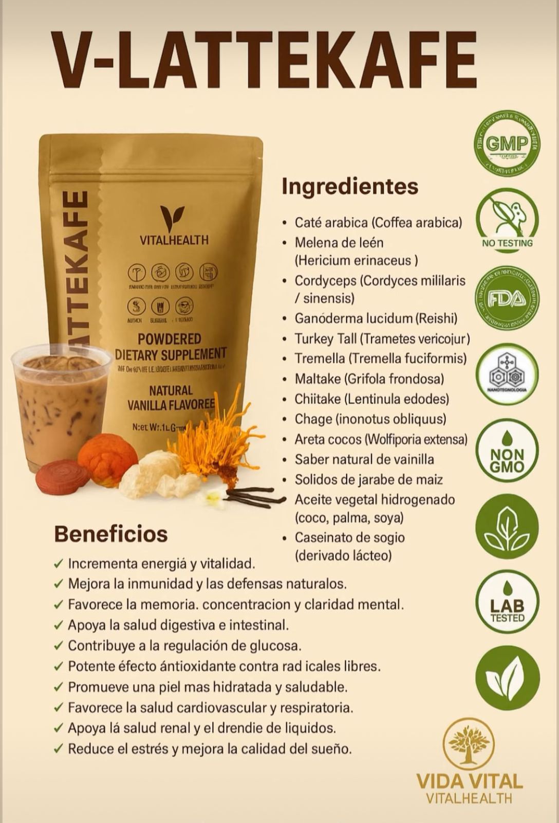 Café Latte VitalHealth con 10 Hongos Adaptógenos | Energía, Enfoque y Bienestar - 330g
