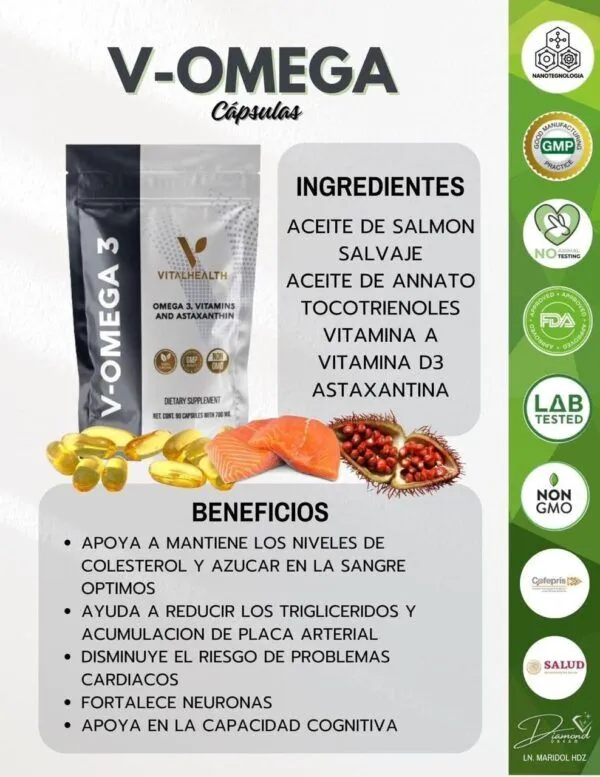 V-OMEGA 3 VitalHealth | Cápsulas con Aceite de Salmón Salvaje, Vitaminas y Astaxantina - 90 cápsulas