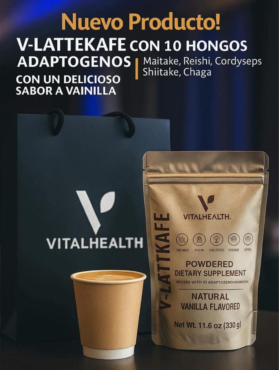 Café Latte VitalHealth con 10 Hongos Adaptógenos | Energía, Enfoque y Bienestar - 330g