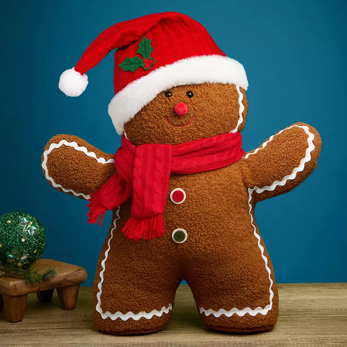 Muñeco de Jengibre Navideño 56 cm | Peluche Decorativo con Gorro y Bufanda - Rojo