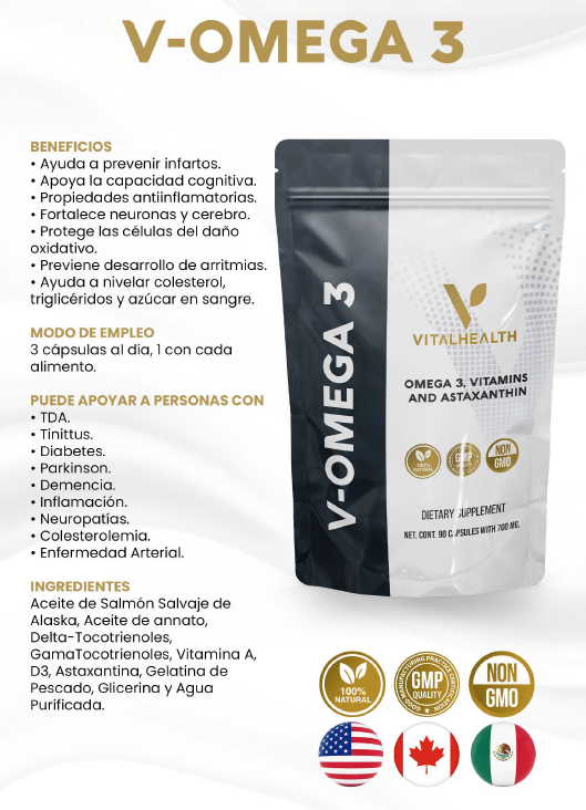 V-OMEGA 3 VitalHealth | Cápsulas con Aceite de Salmón Salvaje, Vitaminas y Astaxantina - 90 cápsulas