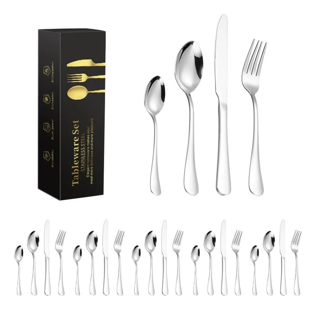 Juego de Cubiertos de 24 pz de Acero Inoxidable Elegantes Color Plata Kit Set de Cucharas + Tenedores + Cuchillos