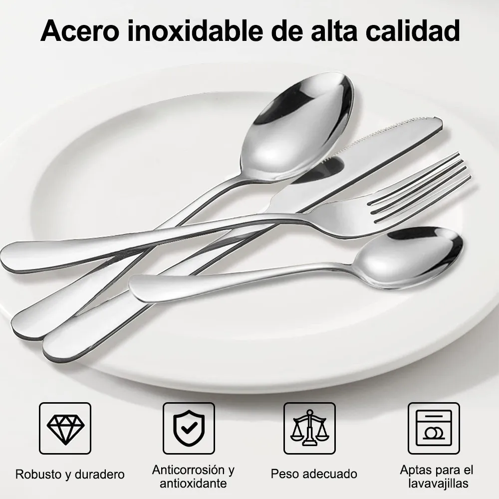 Juego de Cubiertos de 24 pz de Acero Inoxidable Elegantes Color Plata Kit Set de Cucharas + Tenedores + Cuchillos