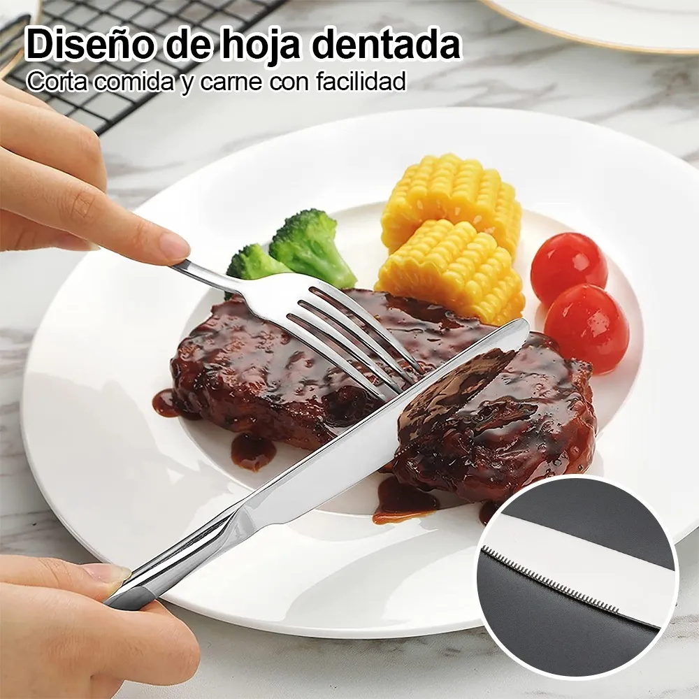 Juego de Cubiertos de 24 pz de Acero Inoxidable Elegantes Color Plata Kit Set de Cucharas + Tenedores + Cuchillos