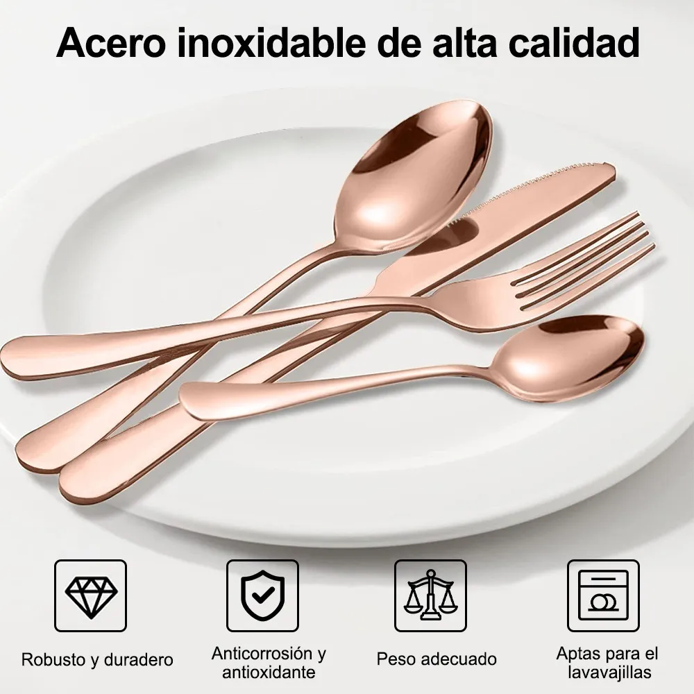 Juego de Cubiertos 24 pz de Acero Inoxidable Elegantes Color Rosa Metalico Kit Set de Cucharas + Tenedores + Cuchillos