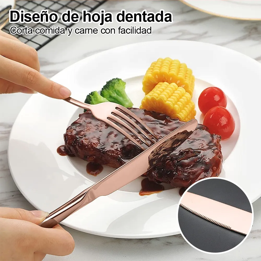 Juego de Cubiertos 24 pz de Acero Inoxidable Elegantes Color Rosa Metalico Kit Set de Cucharas + Tenedores + Cuchillos