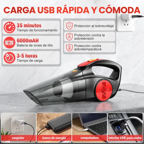 Aspiradora Inalambrica Portatil de Mano para Autos Carros Hogar y Oficina 12000 PA  240 W y 6000 RPM