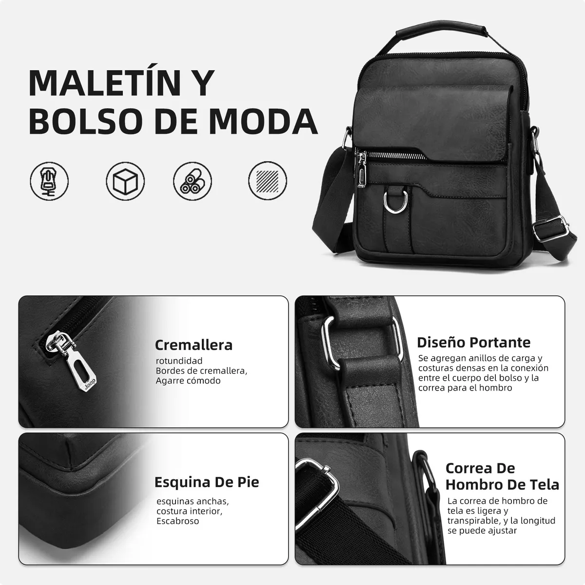Bolso Mariconera Bandolera + Bolso Cremallera + Cartera + Billetera Piel Sintetica para Caballero Hombre Color Negro