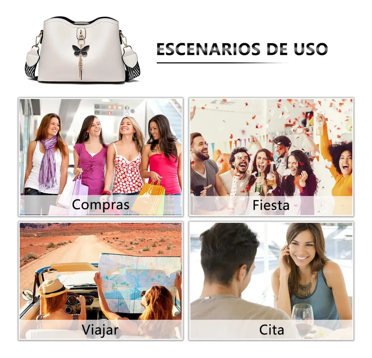 Bolsa de Hombro Cruzada Crossbody Bandolera de Cuero Piel Sintetica Moda y Elegante Mariposa Color Blanco