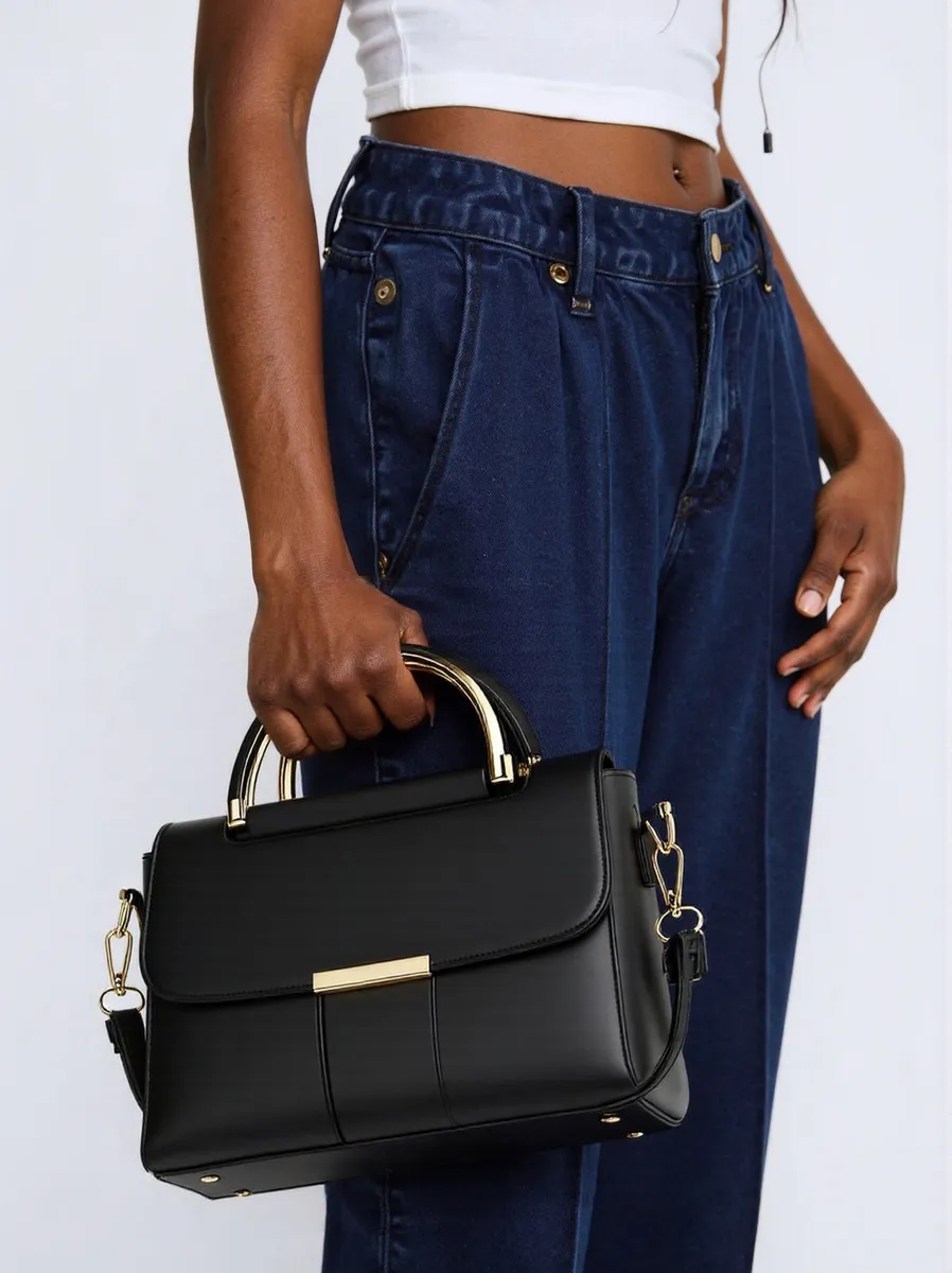 Bolsa de Mano Hombro Crossbody con Asas Moda Estilo Elegante Piel Sintetica para Dama Mujer Color Negro