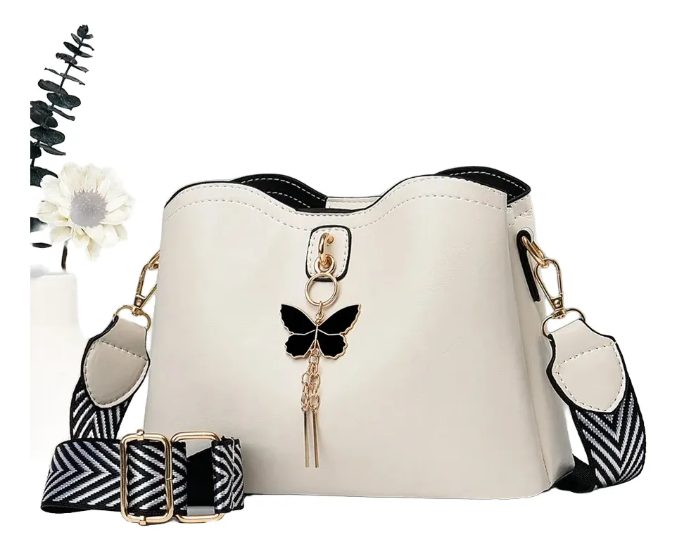 Bolsa de Hombro Cruzada Crossbody Bandolera de Cuero Piel Sintetica Moda y Elegante Mariposa Color Blanco
