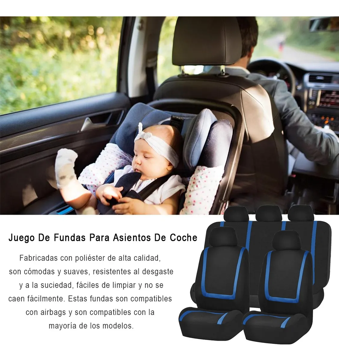 Cubre Asientos Fundas para Asientos Universales de Auto Coche Carro Juego Set Completo Color Negro con Azul