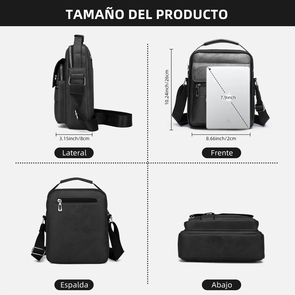 Bolso Mariconera Bandolera + Bolso Cremallera + Cartera + Billetera Piel Sintetica para Caballero Hombre Color Negro