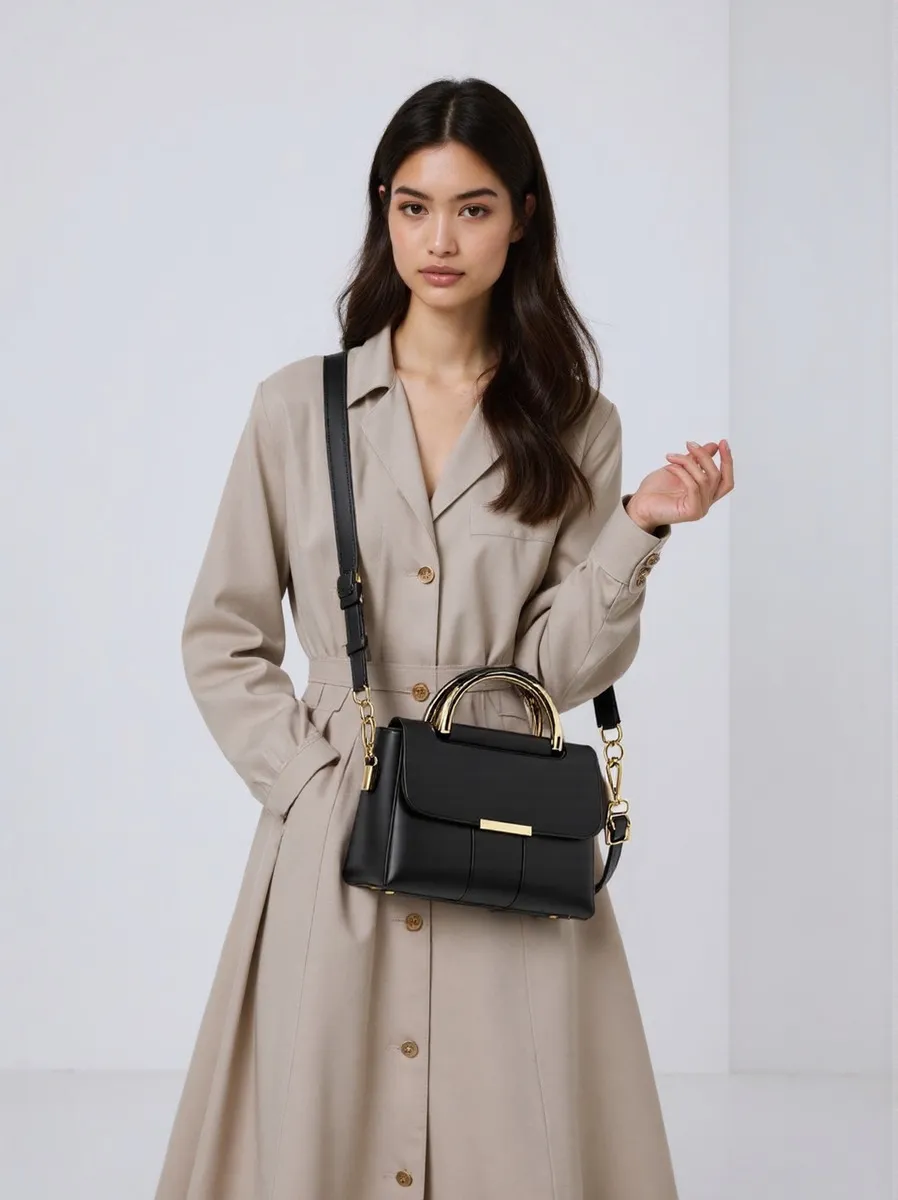 Bolsa de Mano Hombro Crossbody con Asas Moda Estilo Elegante Piel Sintetica para Dama Mujer Color Negro