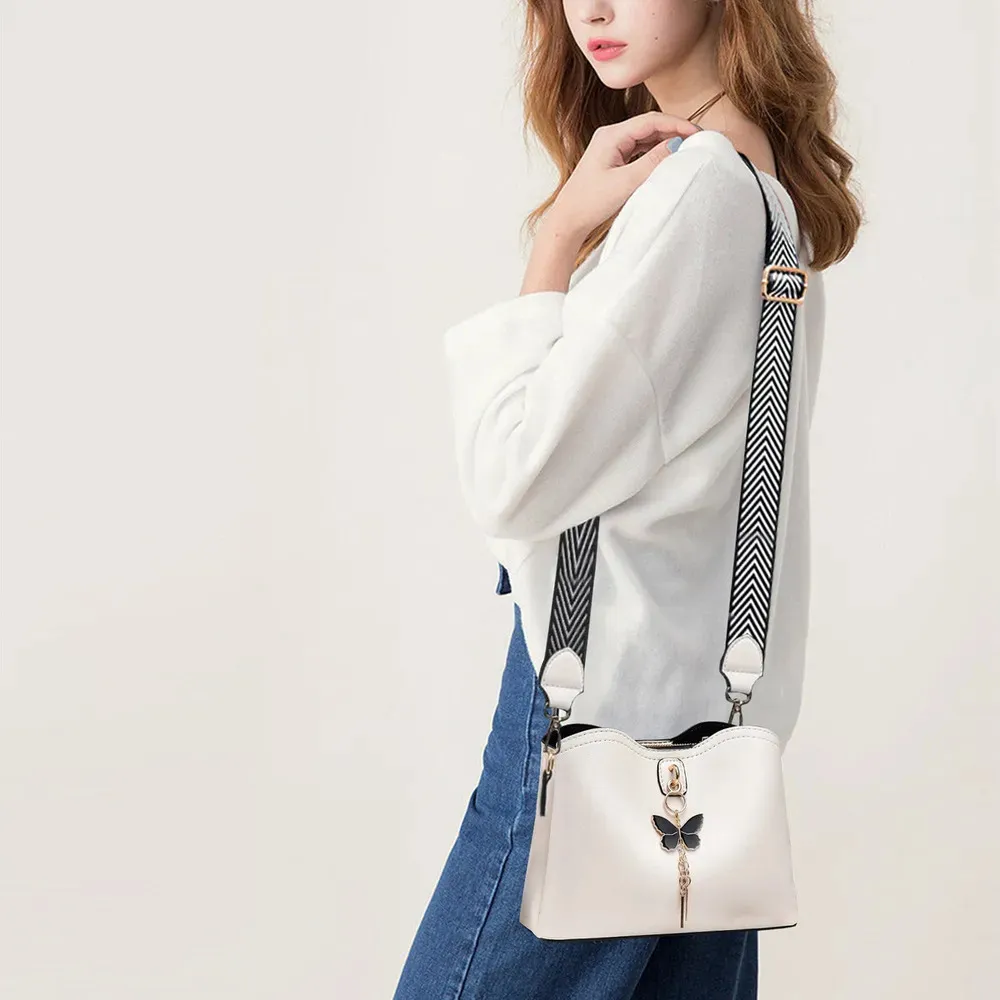 Bolsa de Hombro Cruzada Crossbody Bandolera de Cuero Piel Sintetica Moda y Elegante Mariposa Color Blanco