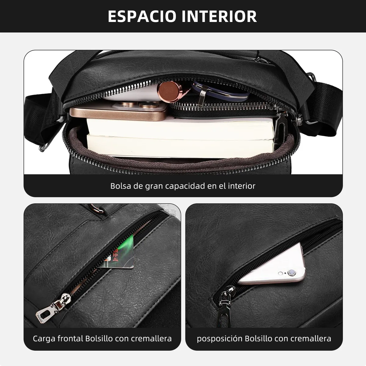 Bolso Mariconera Bandolera + Bolso Cremallera + Cartera + Billetera Piel Sintetica para Caballero Hombre Color Negro