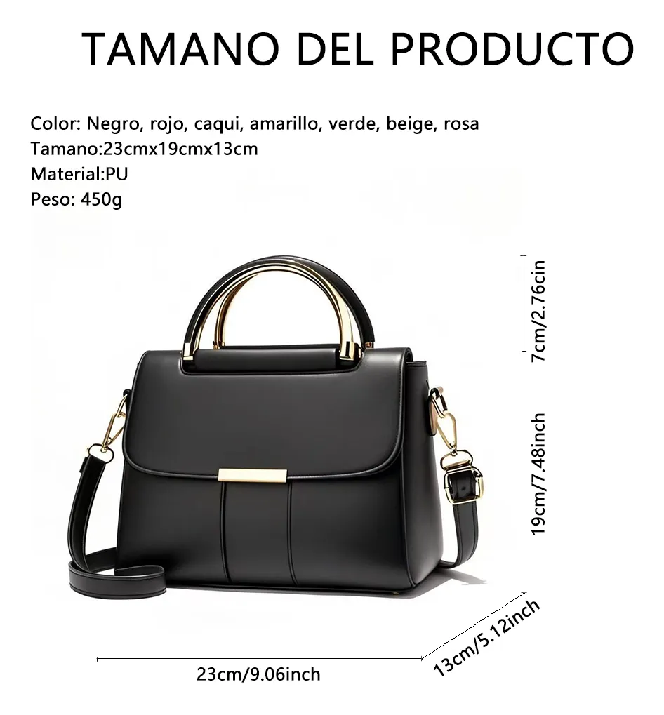 Bolsa de Mano Hombro Crossbody con Asas Moda Estilo Elegante Piel Sintetica para Dama Mujer Color Negro