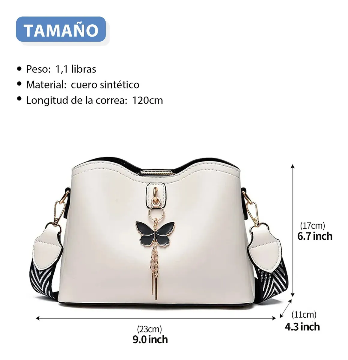 Bolsa de Hombro Cruzada Crossbody Bandolera de Cuero Piel Sintetica Moda y Elegante Mariposa Color Blanco