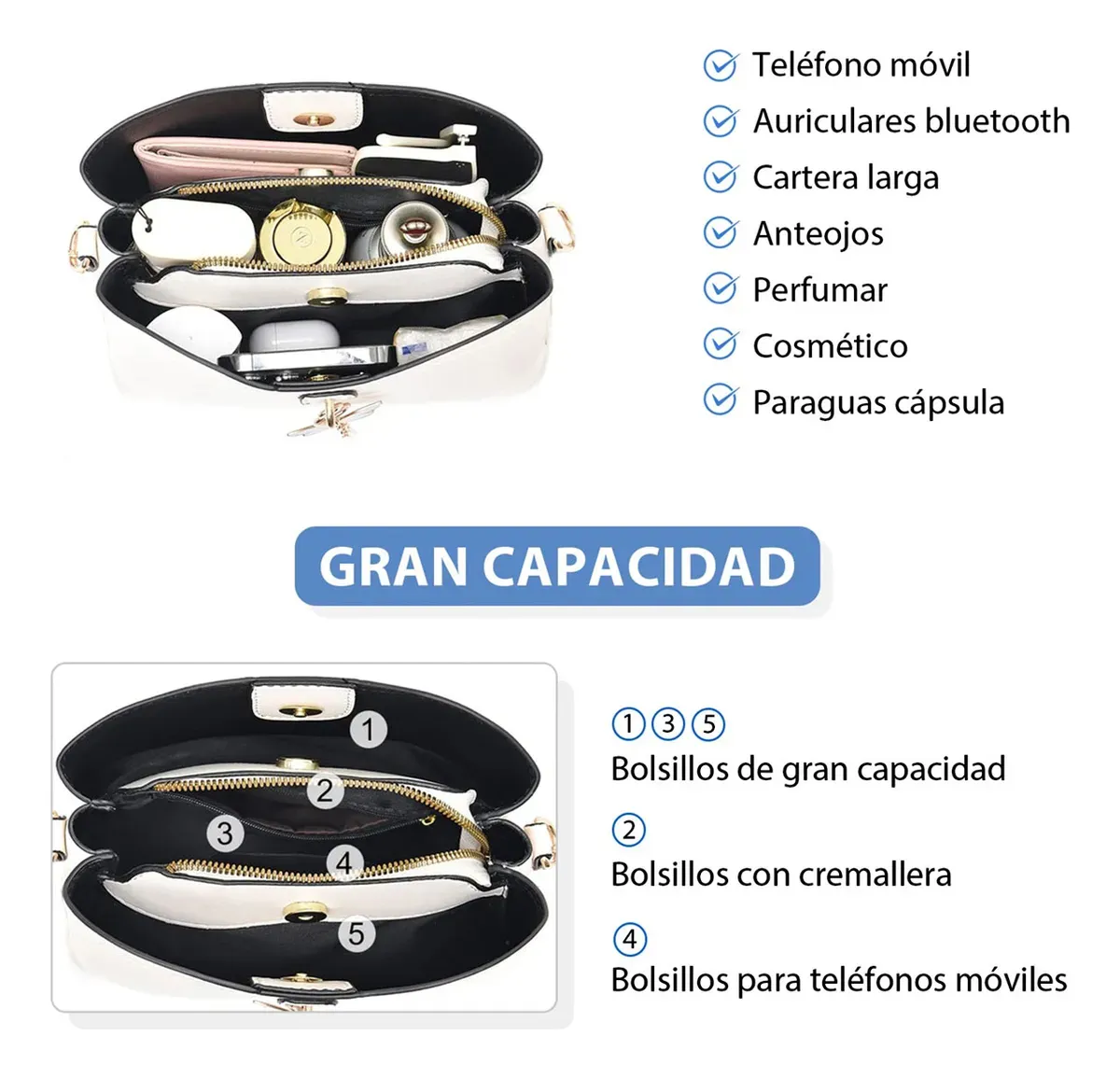 Bolsa de Hombro Cruzada Crossbody Bandolera de Cuero Piel Sintetica Moda y Elegante Mariposa Color Blanco