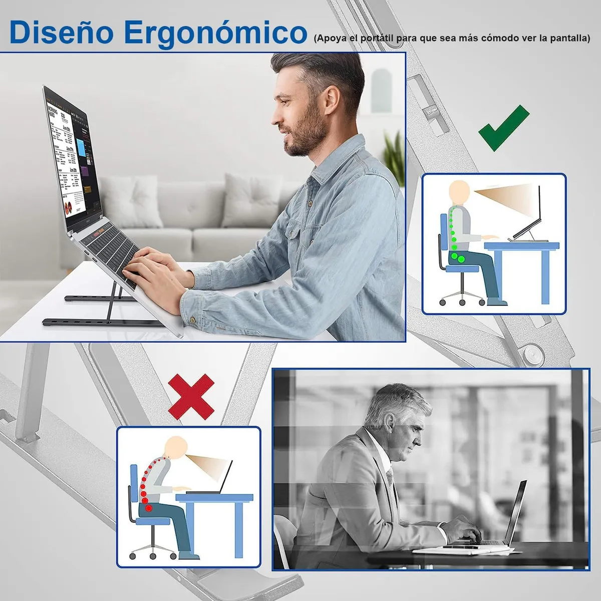 Base Soporte para Laptop Computadora Portatil Plegable Ajustable y Ergonomica Color Gris Plata