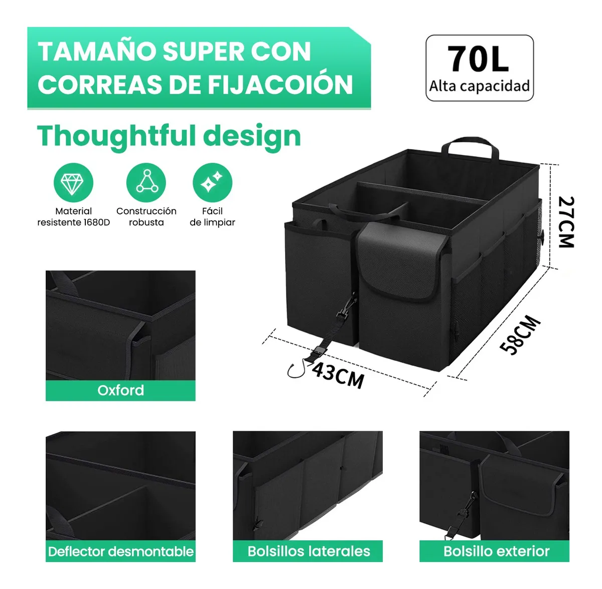 Caja Organizador de Cajuela para Auto Coche Carro Ajustable Portatil para Accesorios y Herramientas