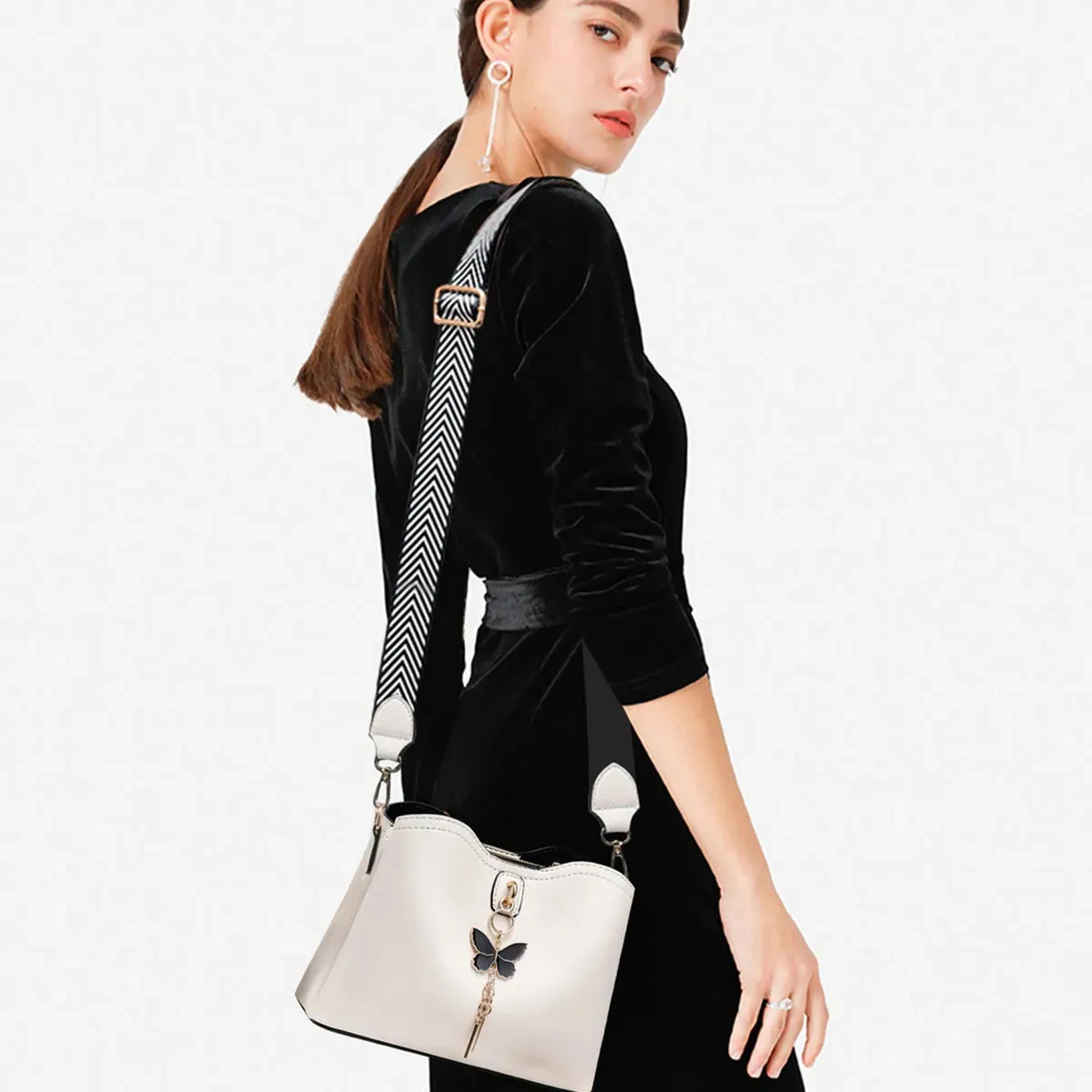 Bolsa de Hombro Cruzada Crossbody Bandolera de Cuero Piel Sintetica Moda y Elegante Mariposa Color Blanco
