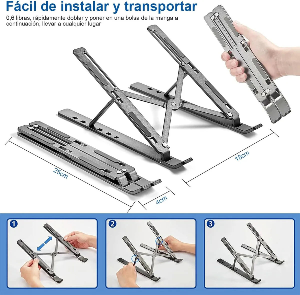 Base Soporte para Laptop Computadora Portatil Plegable Ajustable y Ergonomica Color Gris Plata