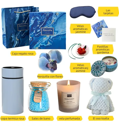 Vela Aromatica + Vaso Taza Acero Inoxidable y Mas Kit Set Spa de Lujo Caja de Regalo para Dama Mujer Color Azul