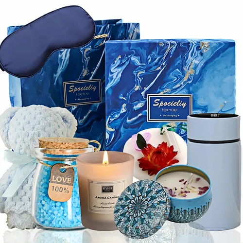 Vela Aromatica + Vaso Taza Acero Inoxidable y Mas Kit Set Spa de Lujo Caja de Regalo para Dama Mujer Color Azul