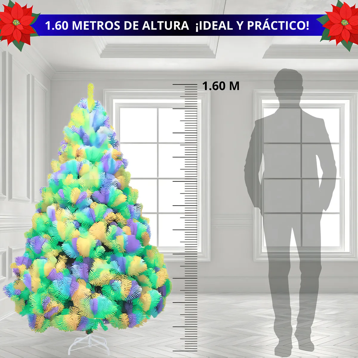 Arbol de Navidad Pino Navideño Artificial Frondoso 1.60 m y 980 Ramas Follaje Multicolor Varios Colores