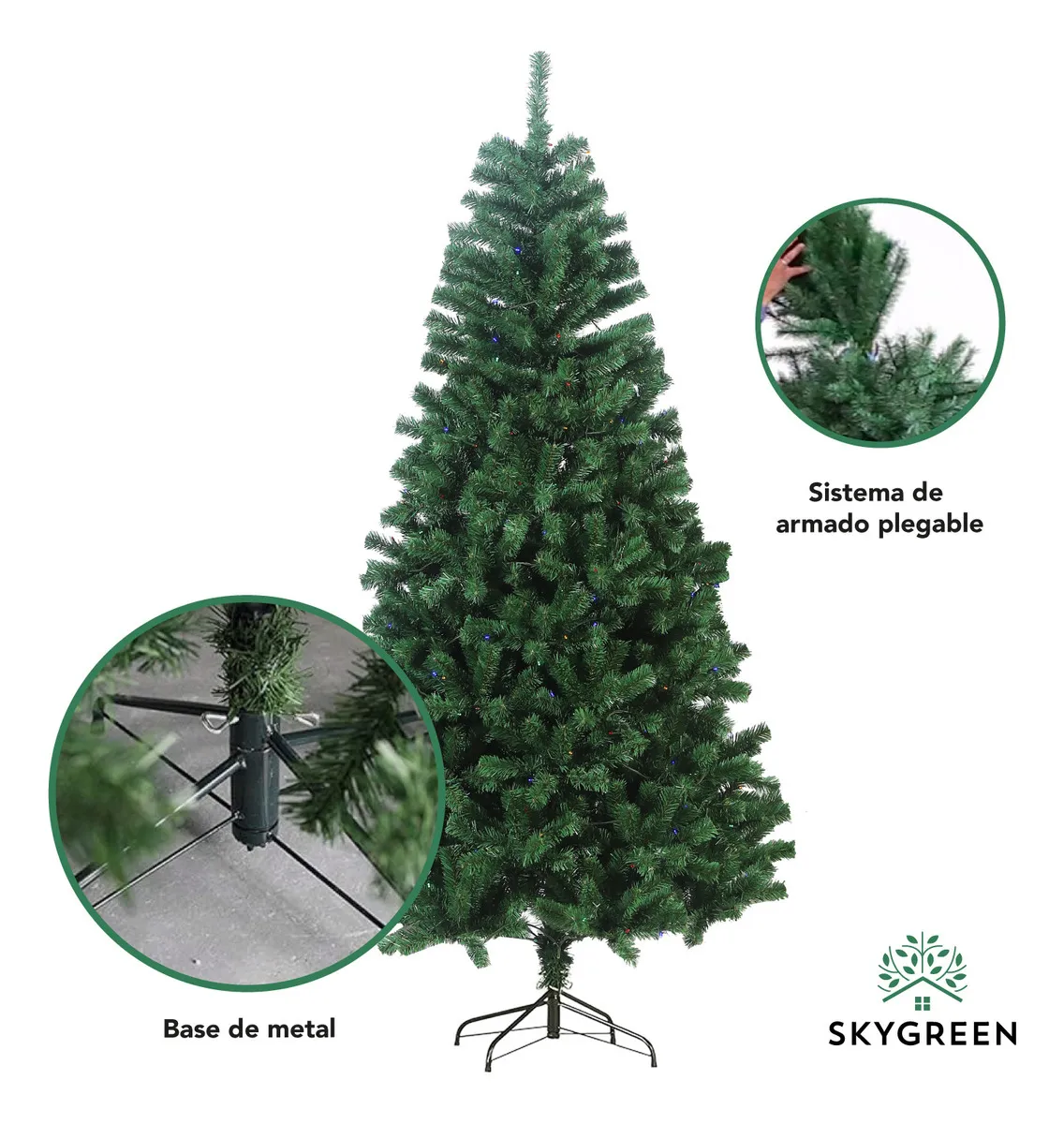 Arbol de Navidad Pino Navideño Artificial Frondoso 2.10 m y 1000 Ramas Follaje Color Verde