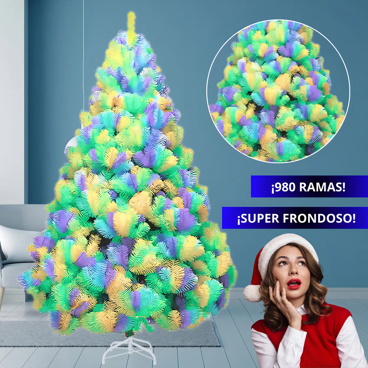 Arbol de Navidad Pino Navideño Artificial Frondoso 1.60 m y 980 Ramas Follaje Multicolor Varios Colores