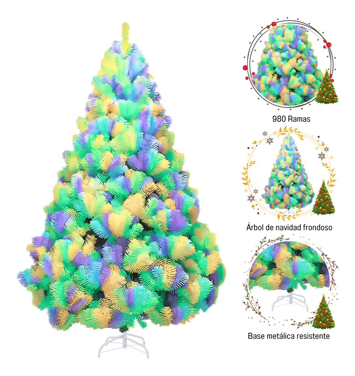 Arbol de Navidad Pino Navideño Artificial Frondoso 1.60 m y 980 Ramas Follaje Multicolor Varios Colores