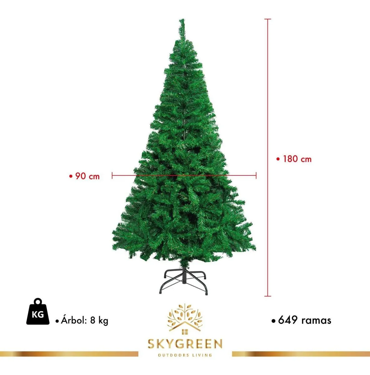 Arbol Navidad Pino Navideño Artificial Frondoso 1.80 m y 650 Ramas Follaje Color Verde