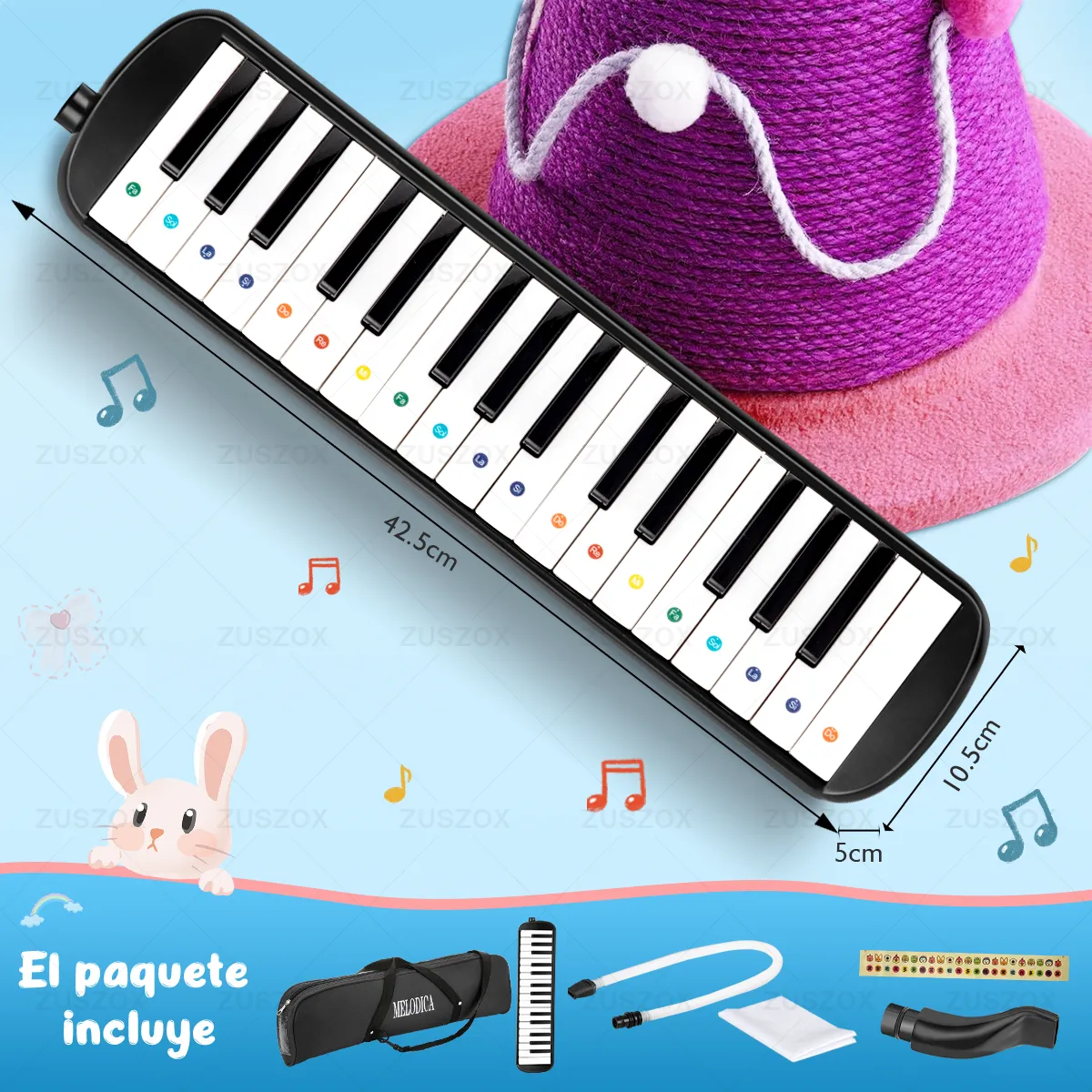 Melodica Portatil 32 Teclas Teclado Piano para Niños Pequeños con Boquilla y Estuche Color Negro