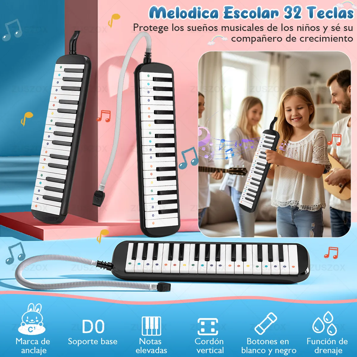 Melodica Portatil 32 Teclas Teclado Piano para Niños Pequeños con Boquilla y Estuche Color Negro