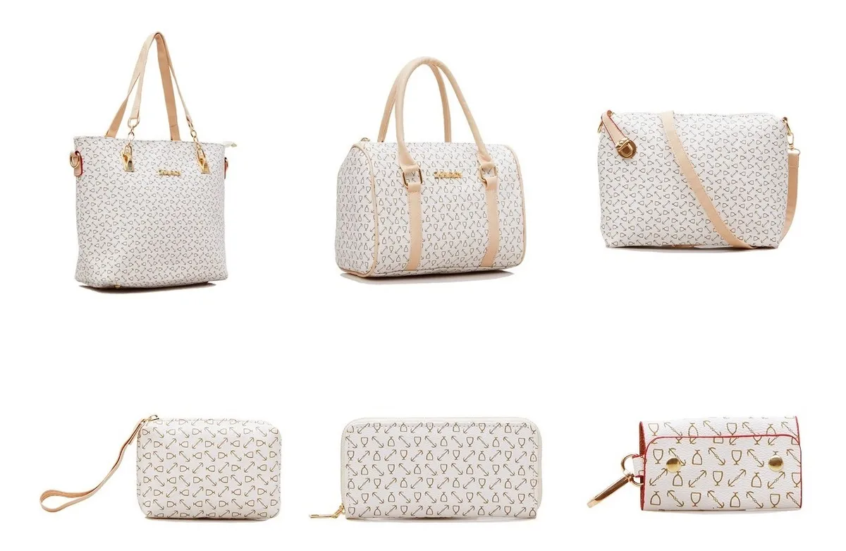 Set 6 Bolsas Mujer Cartera Estampada Moda Dama Cosmetiquera Bolso de Hombro con Asa Crossbody Color Beige