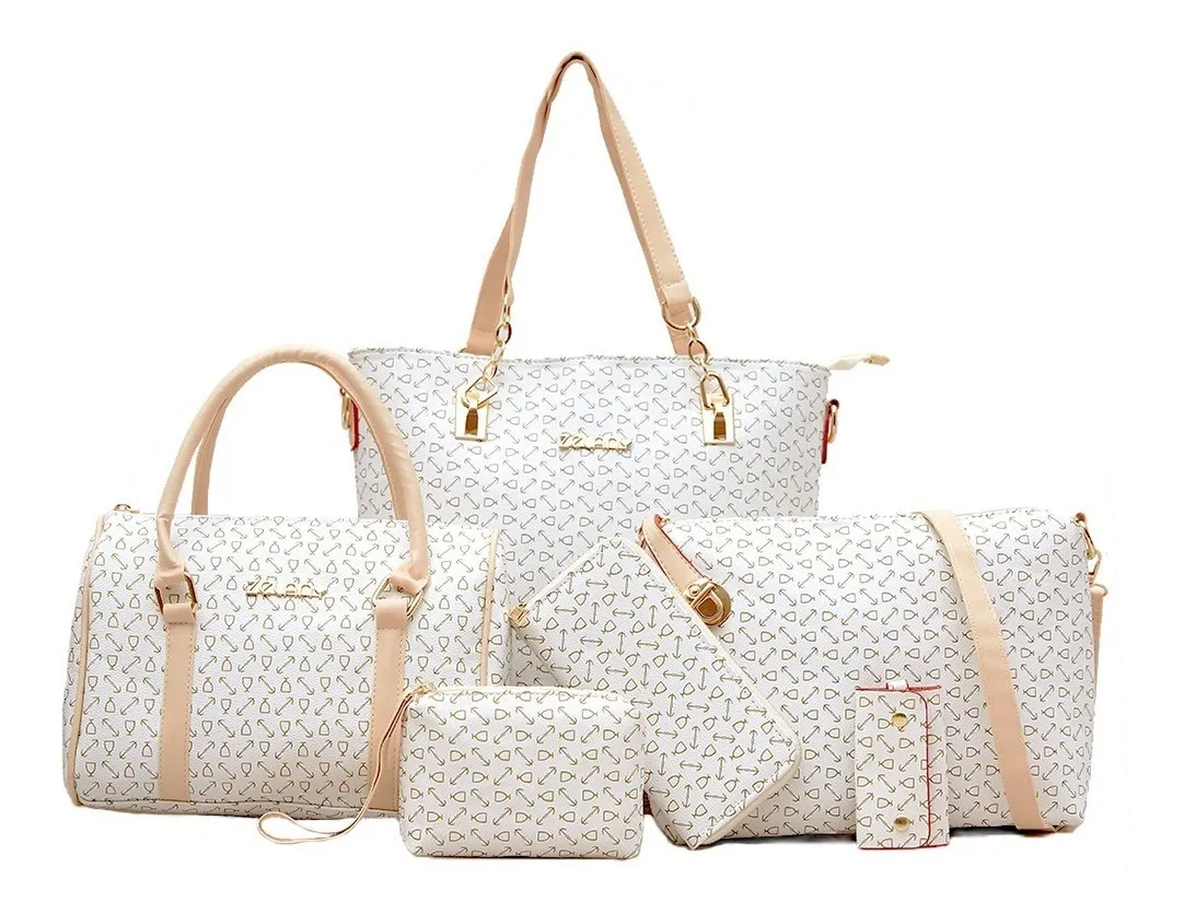 Set 6 Bolsas Mujer Cartera Estampada Moda Dama Cosmetiquera Bolso de Hombro con Asa Crossbody Color Beige