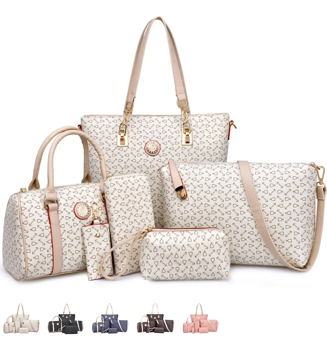 Set 6 Bolsas Mujer Cartera Estampada Moda Dama Cosmetiquera Bolso de Hombro con Asa Crossbody Color Beige