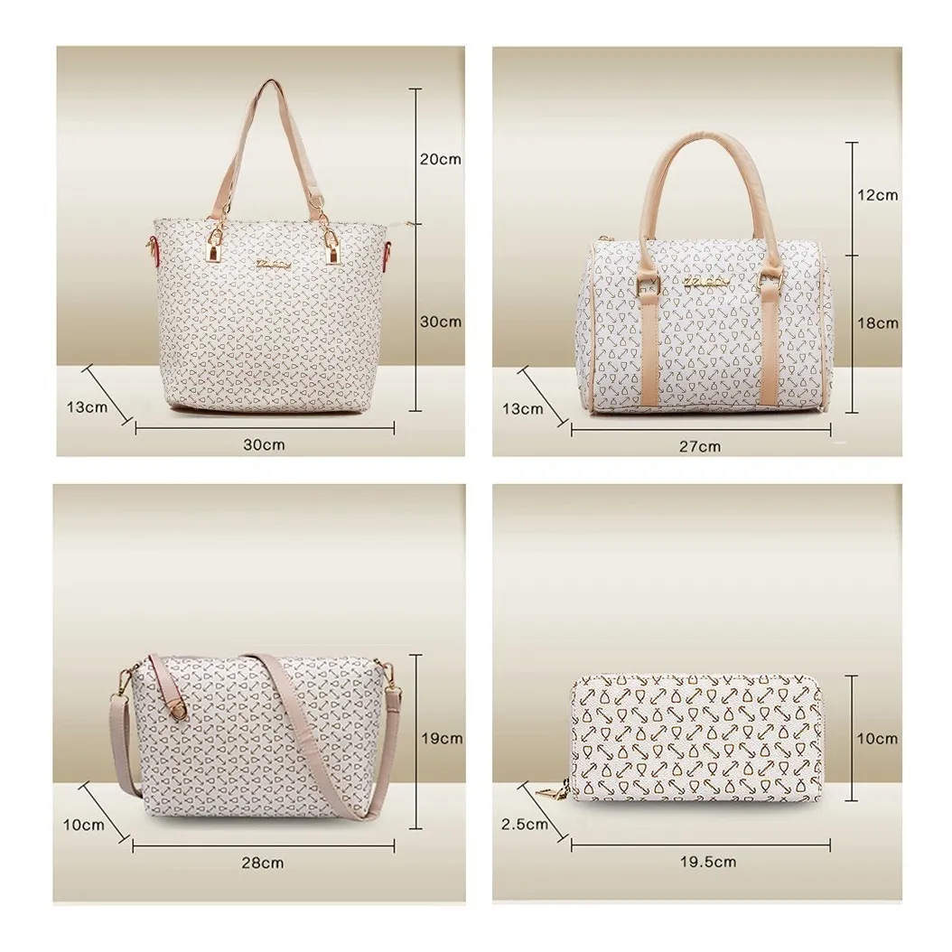Set 6 Bolsas Mujer Cartera Estampada Moda Dama Cosmetiquera Bolso de Hombro con Asa Crossbody Color Beige