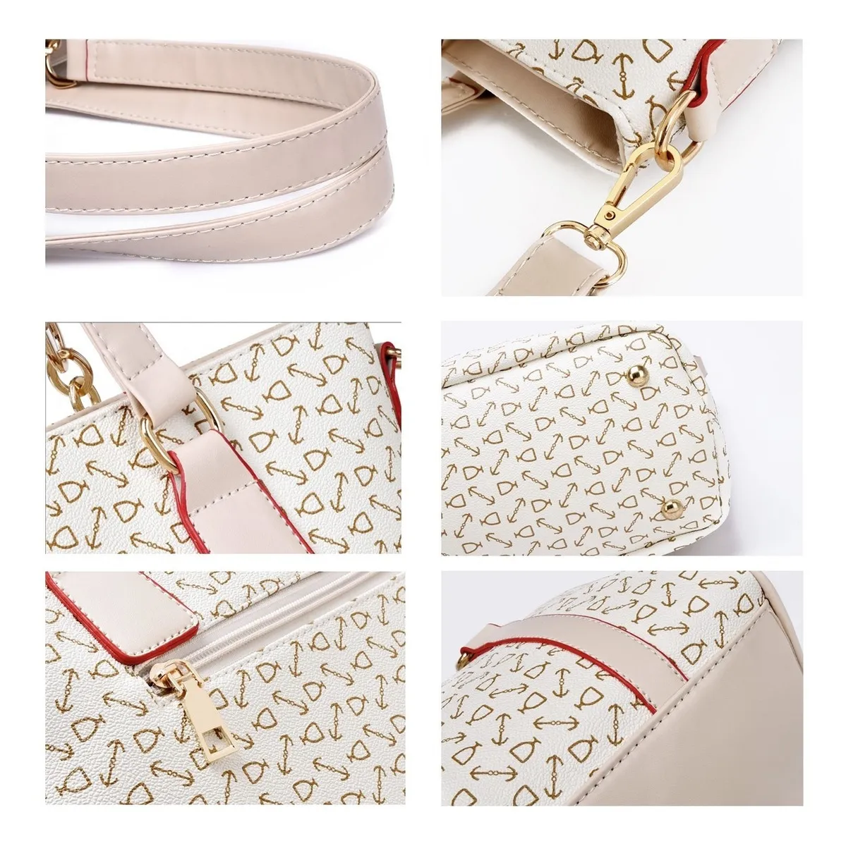 Set 6 Bolsas Mujer Cartera Estampada Moda Dama Cosmetiquera Bolso de Hombro con Asa Crossbody Color Beige