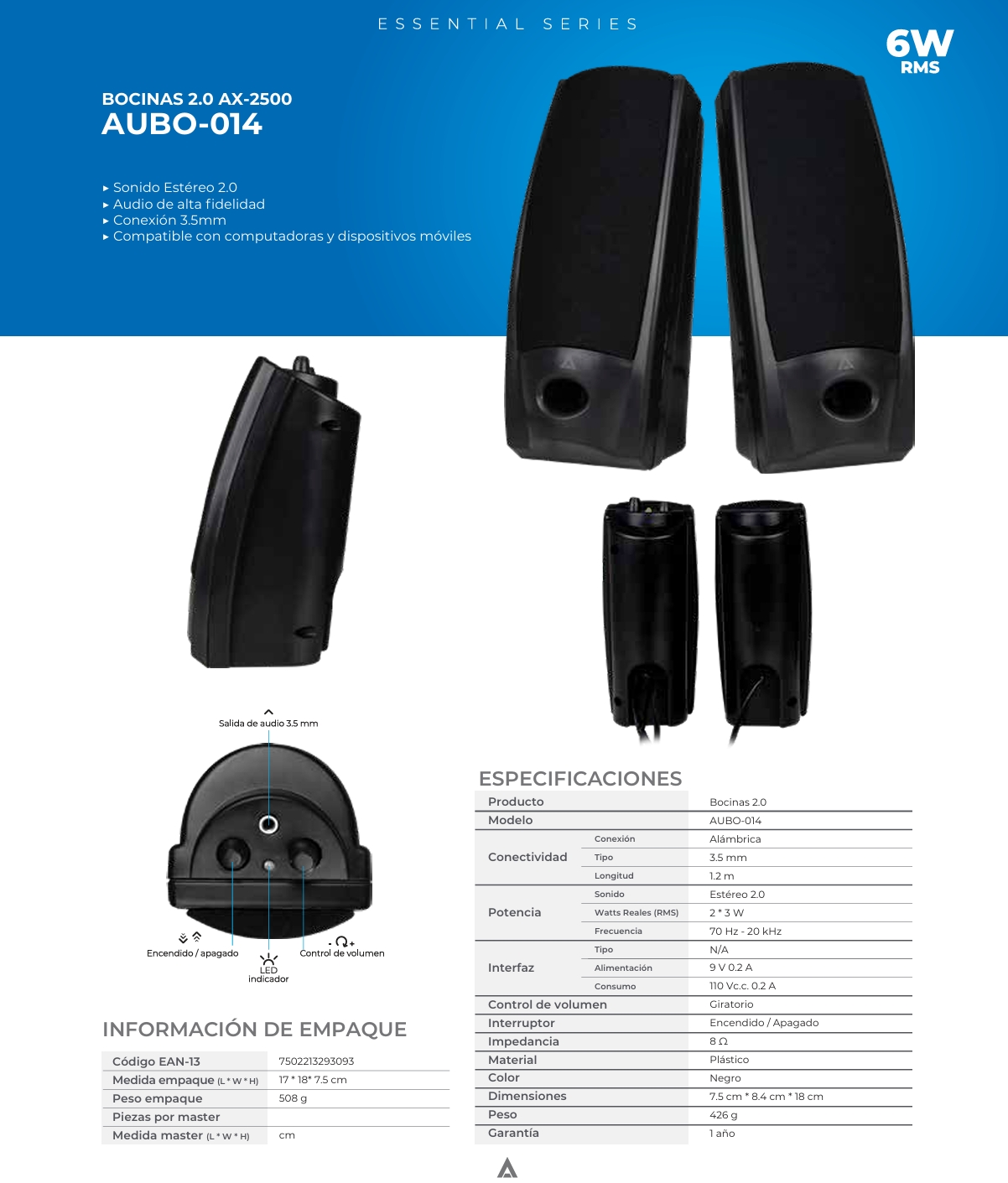 Bocinas Estéreo 2.0 ACTECK Auxiliar 3.5 MM 1.2 M Negro AX-2500