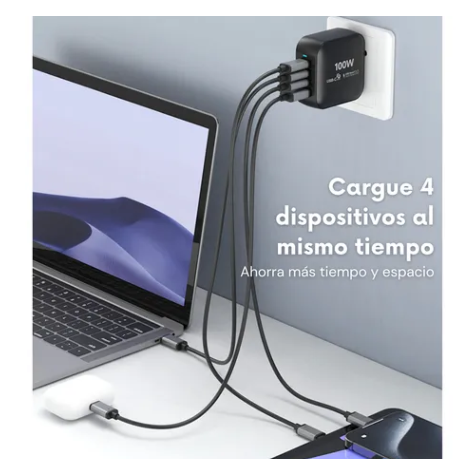 Cubo Adaptador Power Cube 100w Cargador Carga Ultra Rápida Pd Qc Gan, 4 Puertos, Usb-c, Usb-a, Compacto Leer Compatible