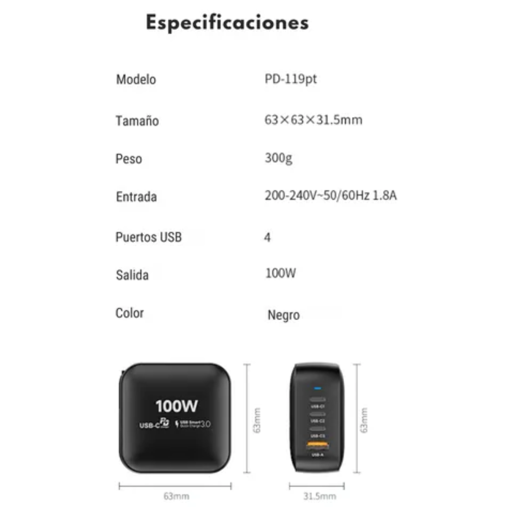 Cubo Adaptador Power Cube 100w Cargador Carga Ultra Rápida Pd Qc Gan, 4 Puertos, Usb-c, Usb-a, Compacto Leer Compatible