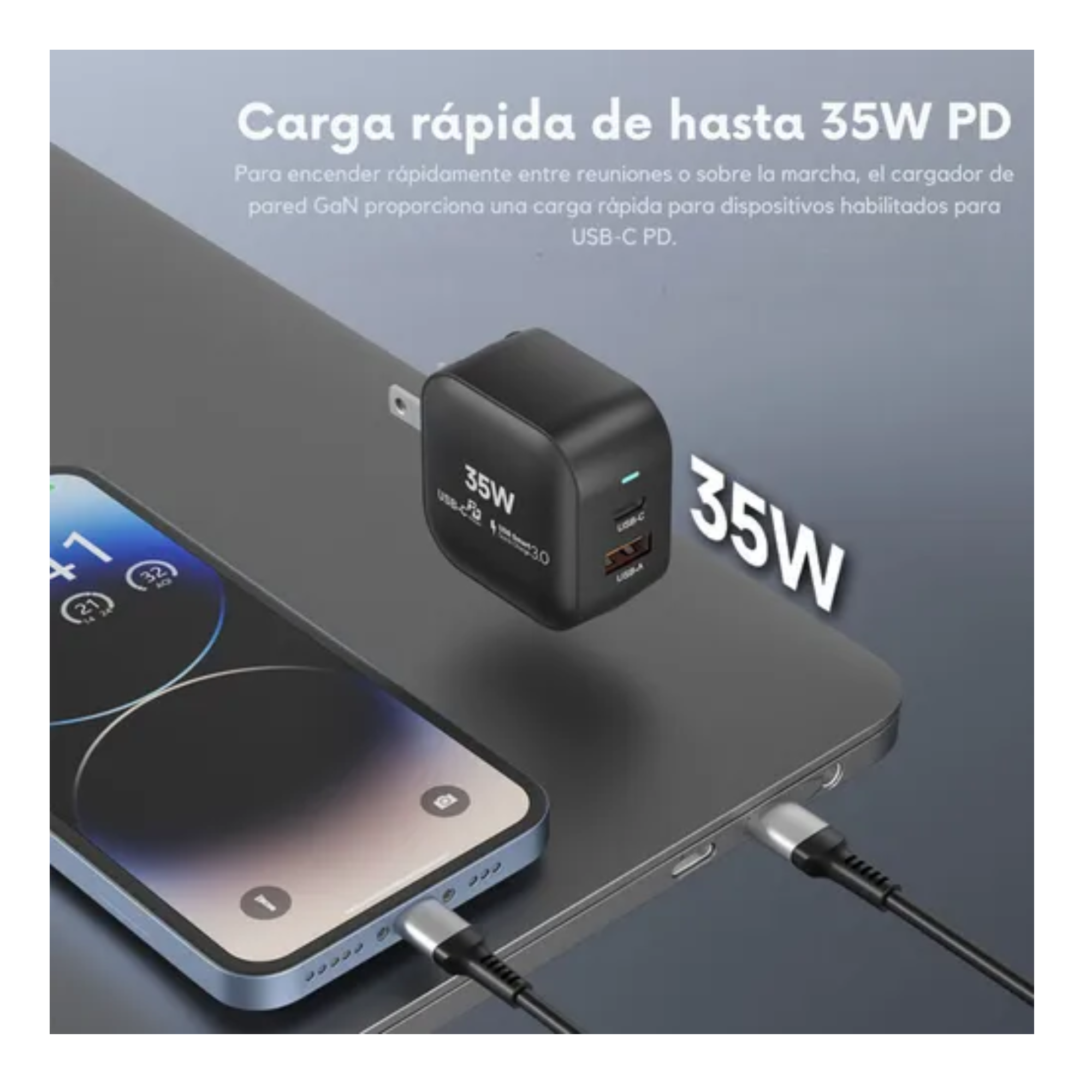 Cubo Adaptador De Corriente Power Cube Cargador Carga Ultra Rápida Pd Qc Gan 35w, 2 Puertos, Usb-c, Usb-a