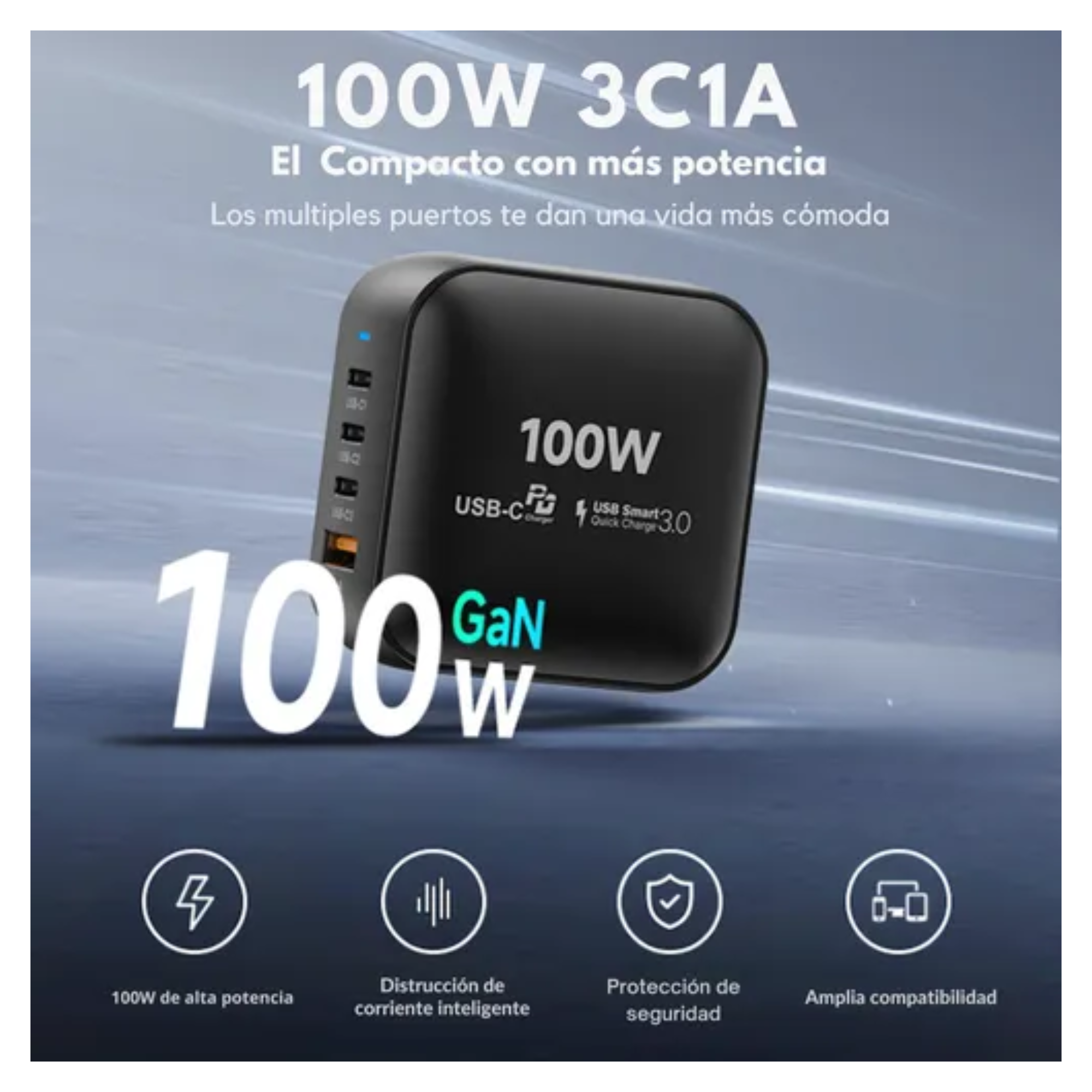 Cubo Adaptador Power Cube 100w Cargador Carga Ultra Rápida Pd Qc Gan, 4 Puertos, Usb-c, Usb-a, Compacto Leer Compatible