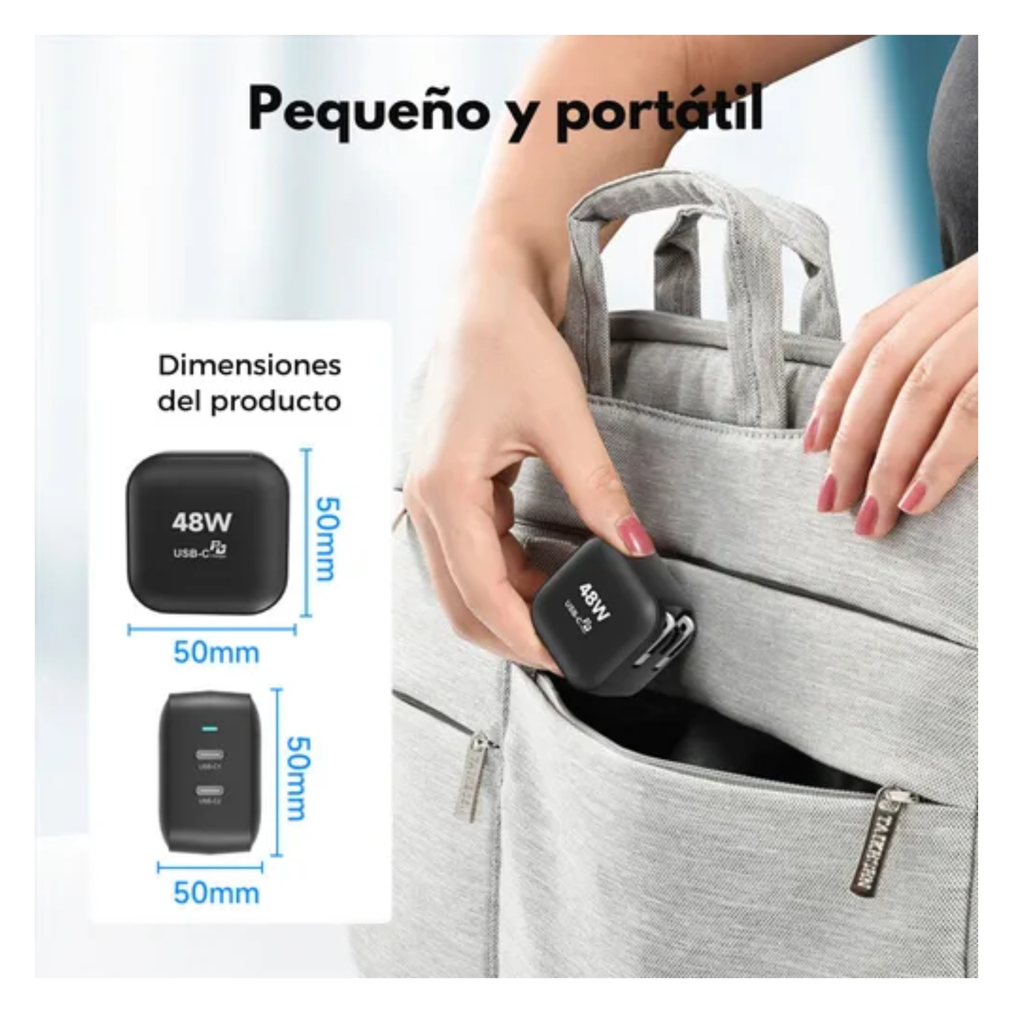 Cubo Adaptador De Corriente Power Cube 48w Cargador Carga Ultra Rápida Pd Qc Gan, 2 Puertos, Usb-c, Usb-a,