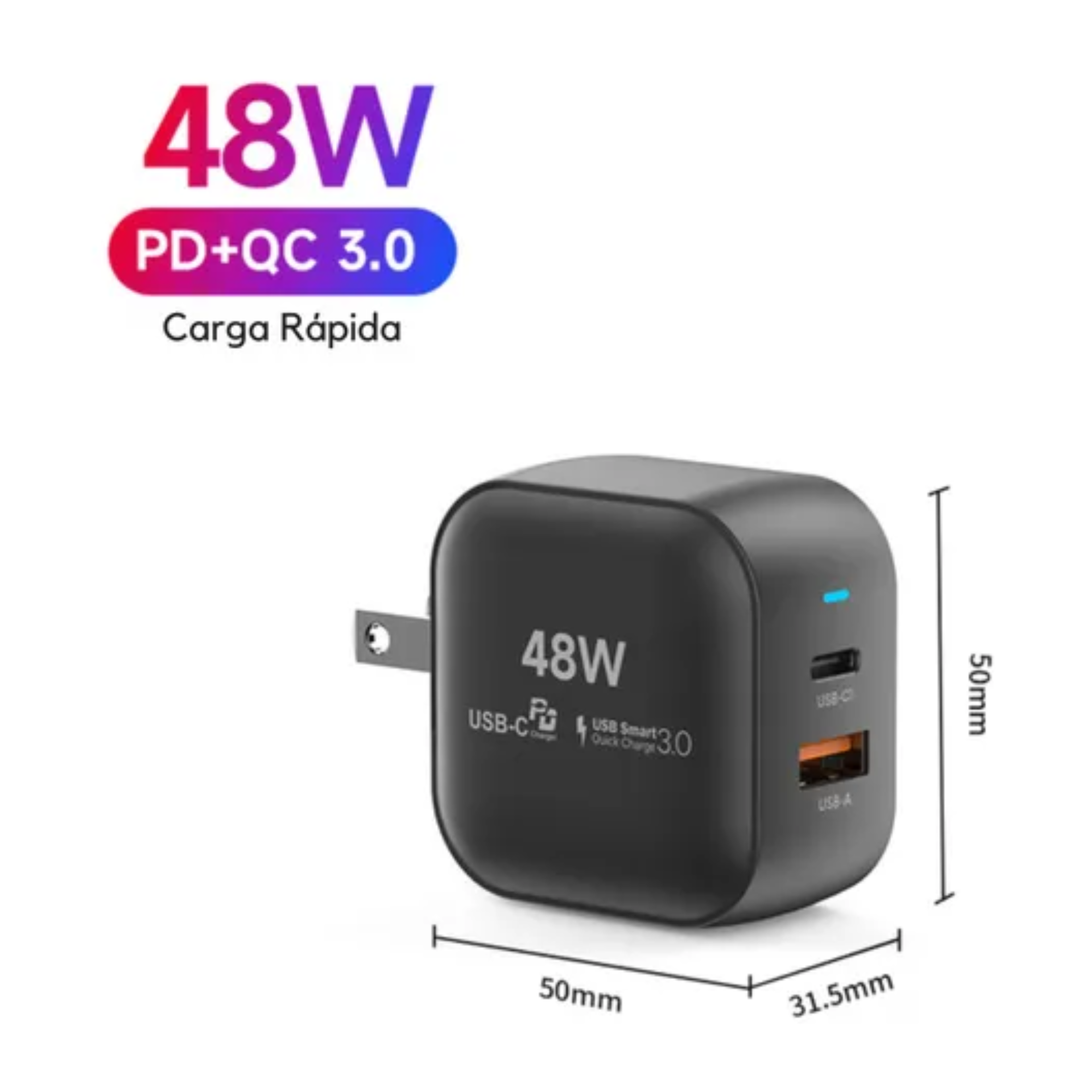 Cubo Adaptador De Corriente Power Cube 48w Cargador Carga Ultra Rápida Pd Qc Gan, 2 Puertos, Usb-c, Usb-a,